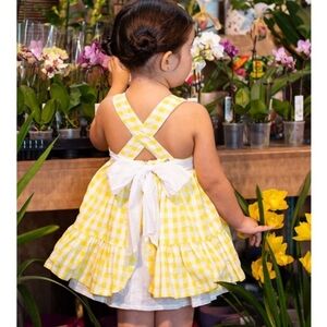 FOQUE GIRLS YELLOW GINGHAM DRESS BACK BOW SIZE 3-4
